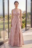 Blush Spaghetti Straps Jacquard Wedding Guest Dress with Slit