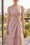 Blush Spaghetti Straps Jacquard Wedding Guest Dress with Slit