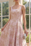 Jacquard Square Neck Blush Wedding Guest Dress
