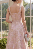 Jacquard Square Neck Blush Wedding Guest Dress