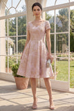 Blush V-Neck Jacquard Wedding Guest Dress with Short Sleeves