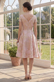 Blush V-Neck Jacquard Wedding Guest Dress with Short Sleeves