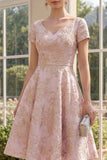 Blush V-Neck Jacquard Wedding Guest Dress with Short Sleeves
