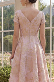 Blush V-Neck Jacquard Wedding Guest Dress with Short Sleeves