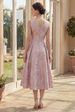 A Line Dusty Lilac Jacquard Midi Wedding Guest Dress