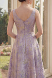 A Line Jacquard Dusty Lilac Midi Wedding Guest Dress