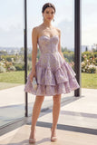 Sweetheart Dusty Lilac A Line Tiered Jacquard Mini Dress