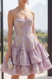 Sweetheart Dusty Lilac A Line Tiered Jacquard Mini Dress