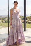 Dusty Lilac V-Neck Jacquard Long Wedding Guest Dress
