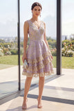 Lilac A Line Tiered V-Neck Jacquard Short Wedding Guest Dress