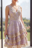 Lilac A Line Tiered V-Neck Jacquard Short Wedding Guest Dress