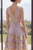 Lilac A Line Tiered V-Neck Jacquard Short Wedding Guest Dress