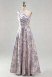 One Shoulder Lilac A Line Jacquard Long Wedding Guest Dress
