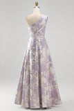 One Shoulder Lilac A Line Jacquard Long Wedding Guest Dress