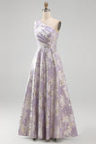 One Shoulder Lilac A Line Jacquard Long Wedding Guest Dress