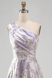 One Shoulder Lilac A Line Jacquard Long Wedding Guest Dress