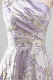 One Shoulder Lilac A Line Jacquard Long Wedding Guest Dress