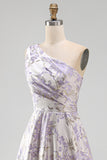 One Shoulder Lilac A Line Jacquard Long Wedding Guest Dress
