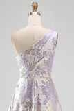 One Shoulder Lilac A Line Jacquard Long Wedding Guest Dress