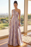 One Shoulder Lilac A Line Jacquard Long Wedding Guest Dress