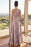 One Shoulder Lilac A Line Jacquard Long Wedding Guest Dress