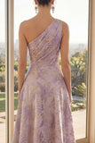 One Shoulder Lilac A Line Jacquard Long Wedding Guest Dress