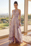 Dusty Lilac Keyhole Jacquard High-Low Wedding Guest Dress