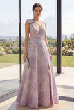 Lilac Jacquard V-Neck Long Wedding Guest Dress with Slit