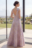 Lilac Jacquard V-Neck Long Wedding Guest Dress with Slit