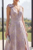 Lilac Jacquard V-Neck Long Wedding Guest Dress with Slit