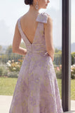 Lilac Jacquard V-Neck Long Wedding Guest Dress with Slit