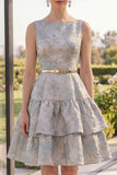 Dusty Blue Jacquard A Line Wedding Guest Dress with Belt