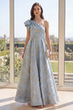Jacquard One Shoulder Dusty Blue Wedding Guest Dress with Bow