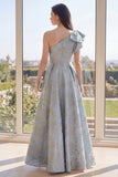 Jacquard One Shoulder Dusty Blue Wedding Guest Dress with Bow