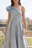 Jacquard One Shoulder Dusty Blue Wedding Guest Dress with Bow