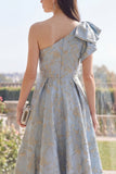 Jacquard One Shoulder Dusty Blue Wedding Guest Dress with Bow