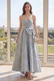 Sweetheart Dusty Blue Jacquard Wedding Guest Dress with Bow