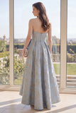 Sweetheart Dusty Blue Jacquard Wedding Guest Dress with Bow