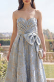 Sweetheart Dusty Blue Jacquard Wedding Guest Dress with Bow