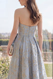 Sweetheart Dusty Blue Jacquard Wedding Guest Dress with Bow
