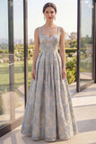 A Line Jacquard Dusty Blue Long Wedding Guest Dress