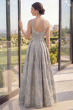 A Line Jacquard Dusty Blue Long Wedding Guest Dress