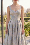 A Line Jacquard Dusty Blue Long Wedding Guest Dress