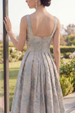 A Line Jacquard Dusty Blue Long Wedding Guest Dress