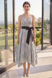 Dusty Blue A Line Jacquard Wedding Guest Dress with Sash