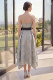 Dusty Blue A Line Jacquard Wedding Guest Dress with Sash
