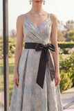 Dusty Blue A Line Jacquard Wedding Guest Dress with Sash