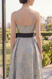 Dusty Blue A Line Jacquard Wedding Guest Dress with Sash