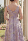 Jacquard Dusty Lilac A Line Midi Wedding Guest Dress