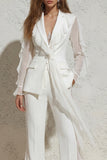 2 Piece Ruffled Notched Lapel White Women's Suit